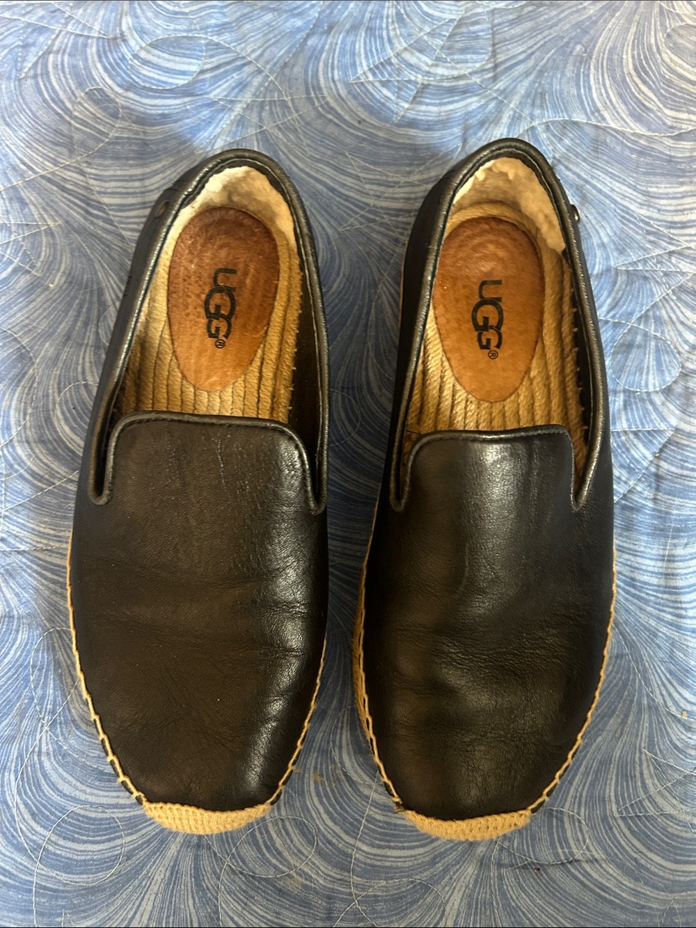 UGG Women's Black Leather Slip-On Loafers with Tan Espadrille Trim